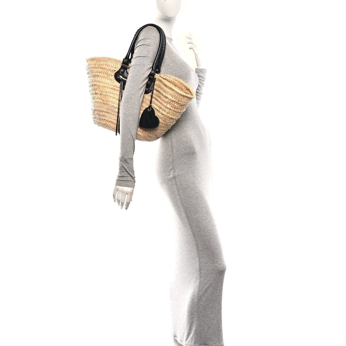 Raffia Woven Medium Le Cagole Tote Bag Black Natural