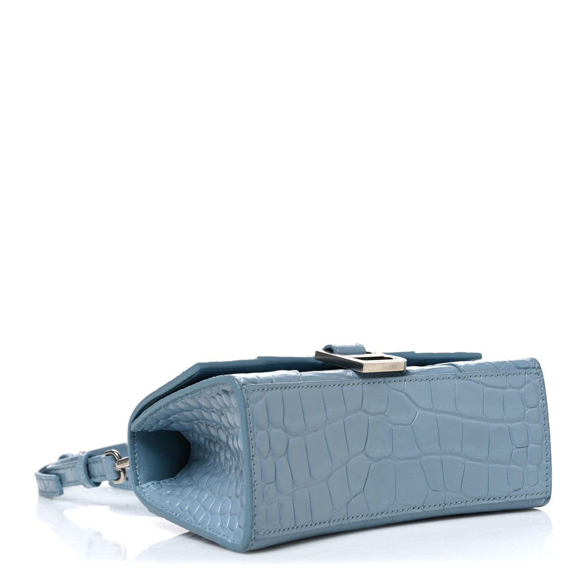 Shiny Calfskin Crocodile Embossed Hourglass Top Handle Bag XS Blue Grey