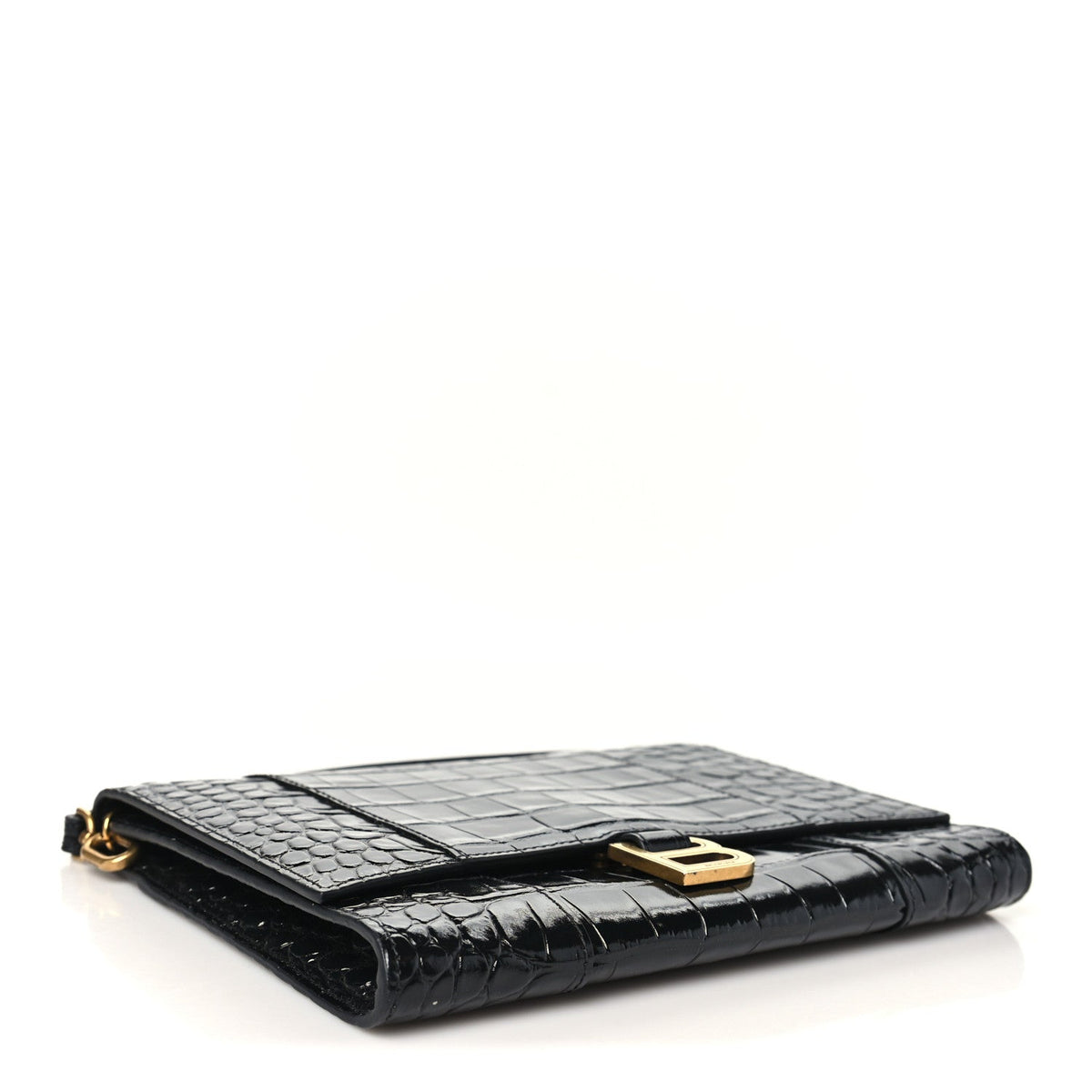 Shiny Calfskin Crocodile Embossed Hourglass Gusset Pouch Black