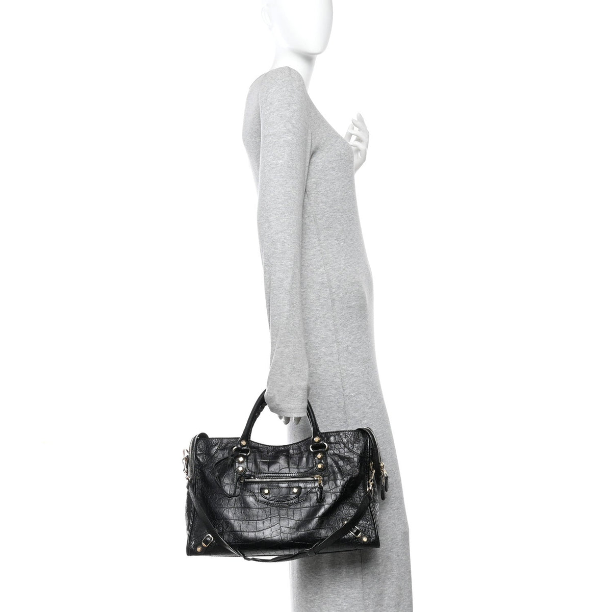 Calfskin Crocodile Embossed Giant 12 Gold Hardware City Black