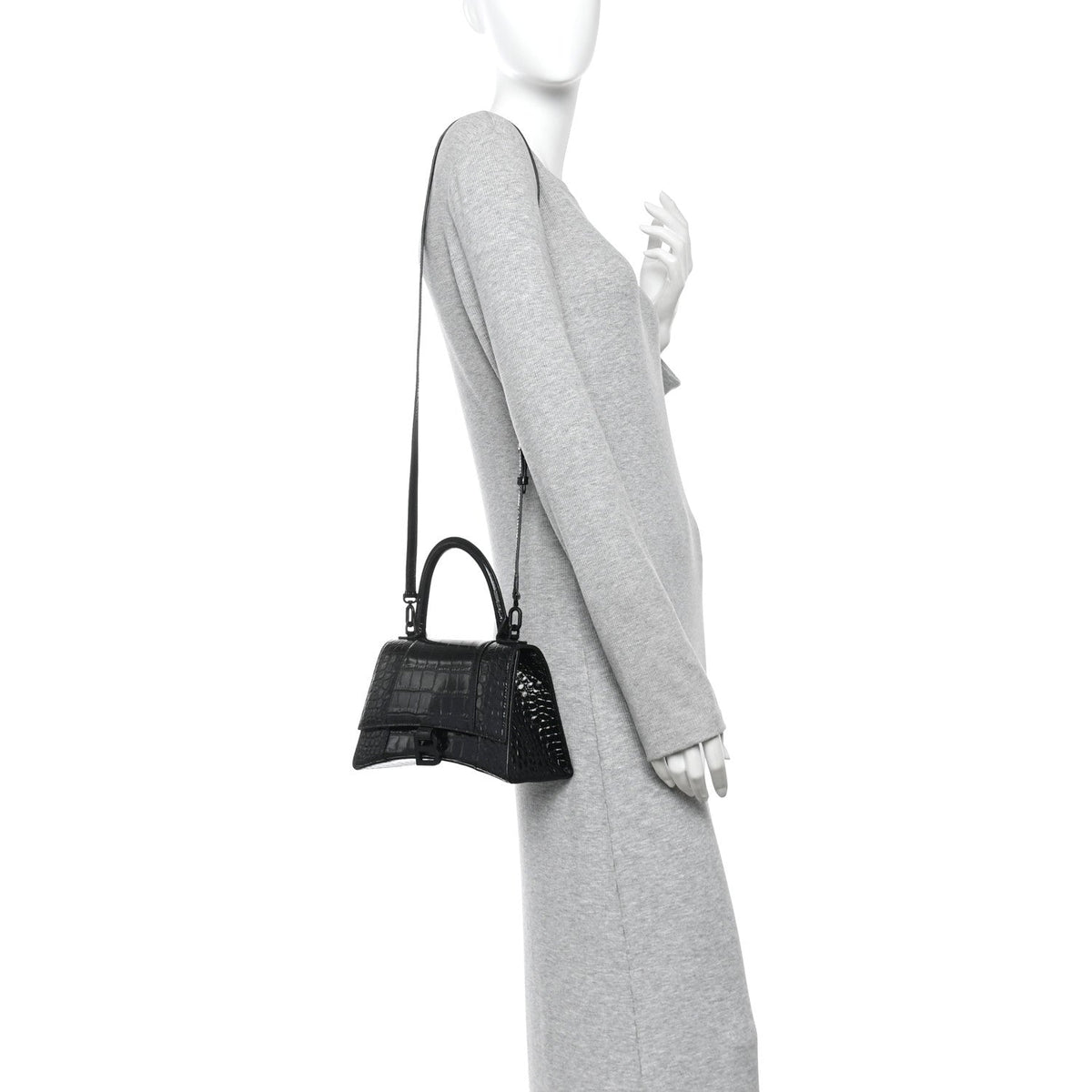 Shiny Calfskin Monochrome Crocodile Embossed Small Hourglass Top Handle Bag Black