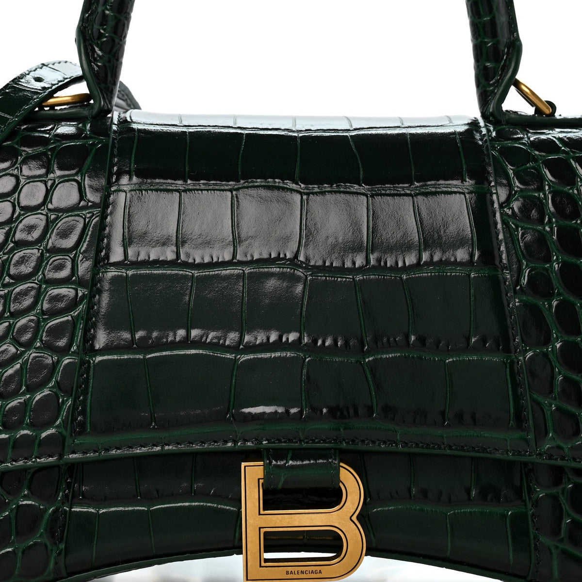 Shiny Calfskin Crocodile Embossed Small Hourglass Top Handle Bag Forest Green