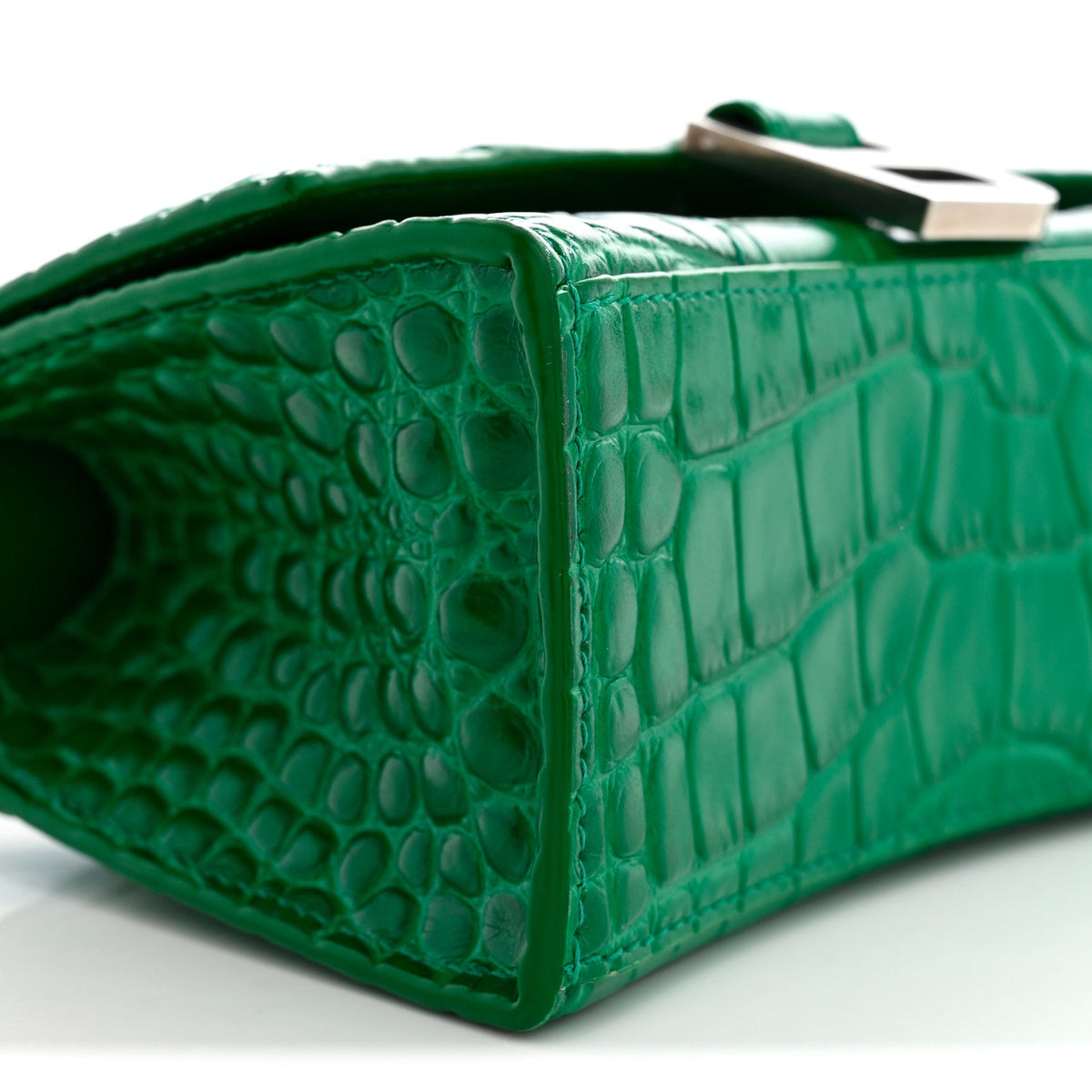 Shiny Calfskin Crocodile Embossed Hourglass Top Handle Bag XS Jade