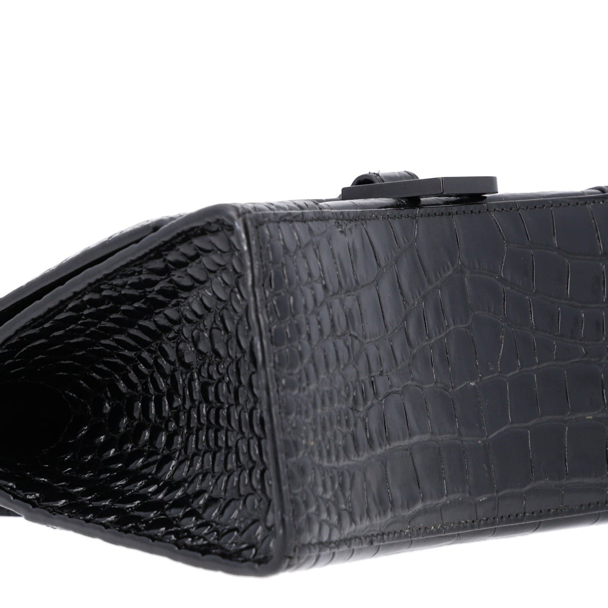 Shiny Calfskin Monochrome Crocodile Embossed Small Hourglass Top Handle Bag Black