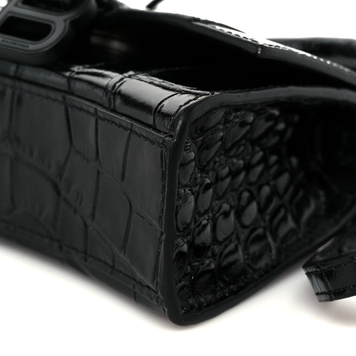 Shiny Calfskin Monochrome Crocodile Embossed Hourglass Top Handle Bag Mini Black