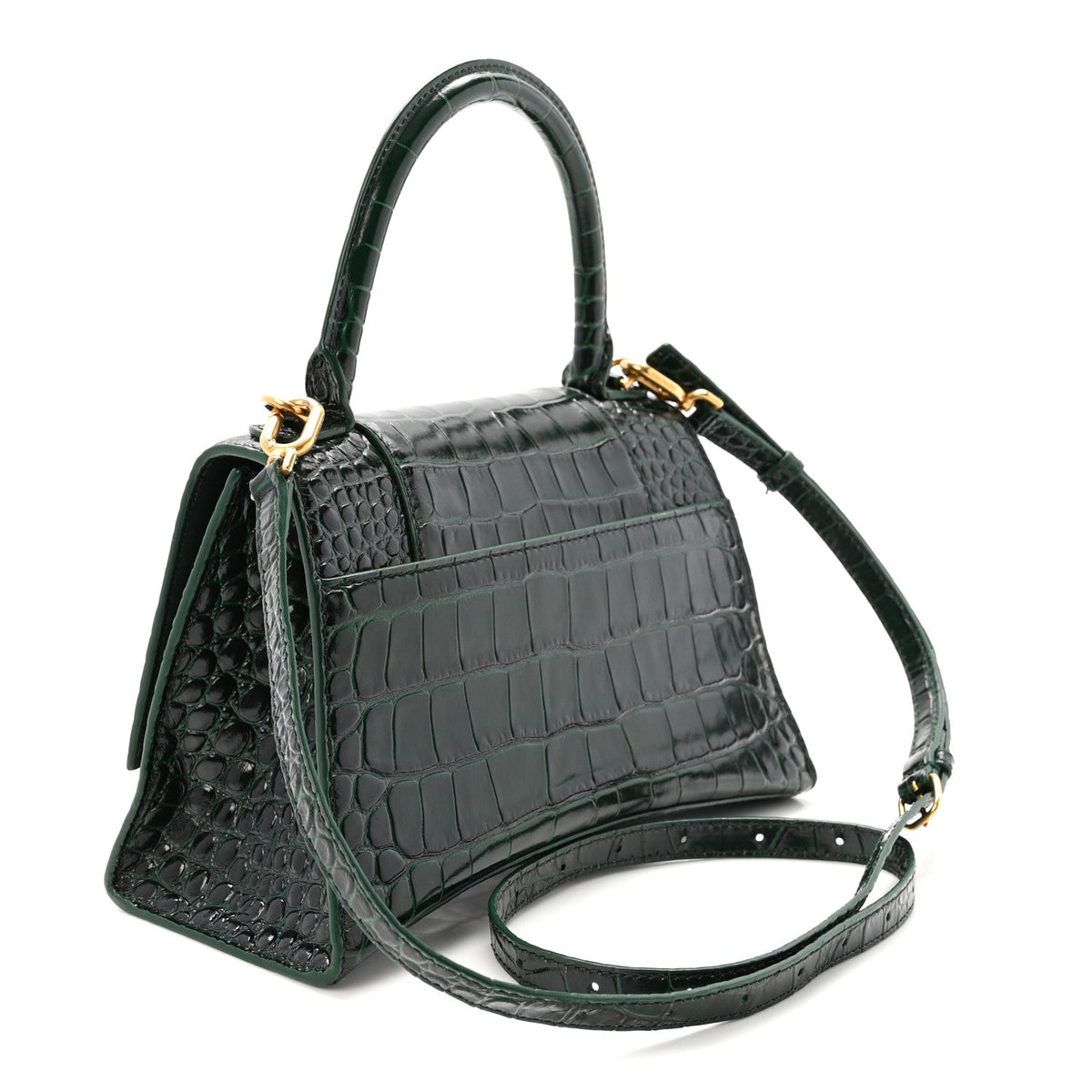 Shiny Calfskin Crocodile Embossed Small Hourglass Top Handle Bag Forest Green