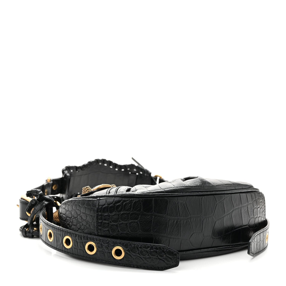 Extra Supple Calfskin Crocodile Embossed Le Cagole Shoulder Bag XS Black