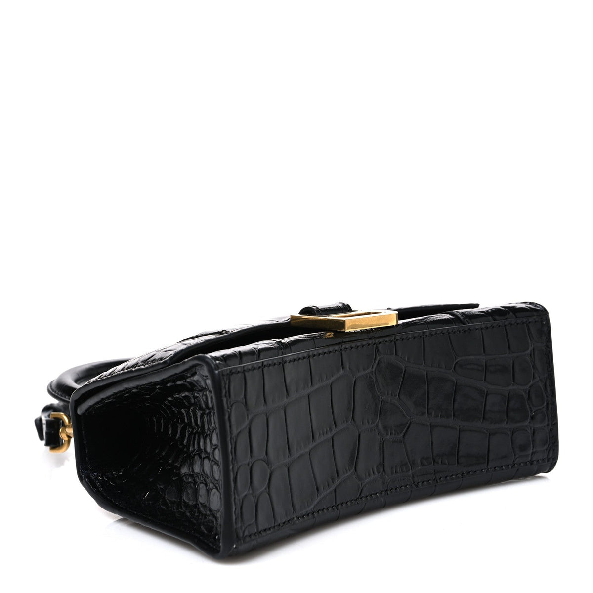 Shiny Calfskin Crocodile Embossed Hourglass Top Handle Bag XS Black