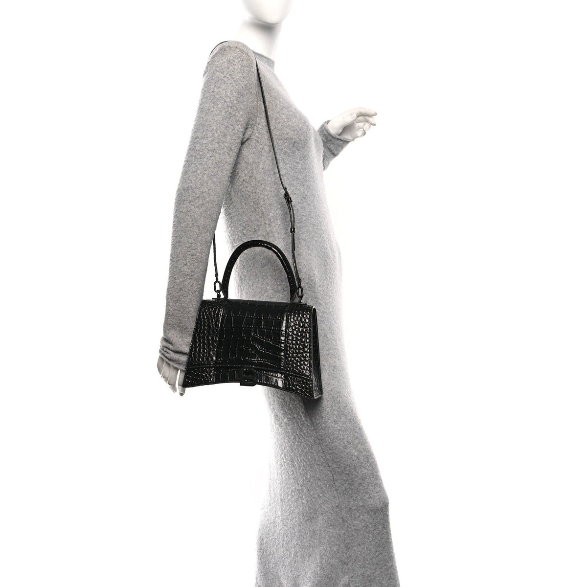 Shiny Calfskin Monochrome Crocodile Embossed Medium Hourglass Top Handle Bag Black