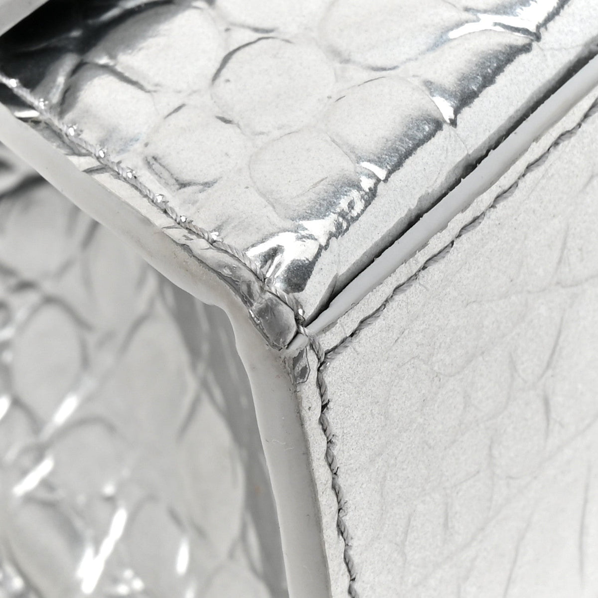 Metallic Calfskin Crocodile Embossed Crystal Hourglass Top Handle Bag XS Silver