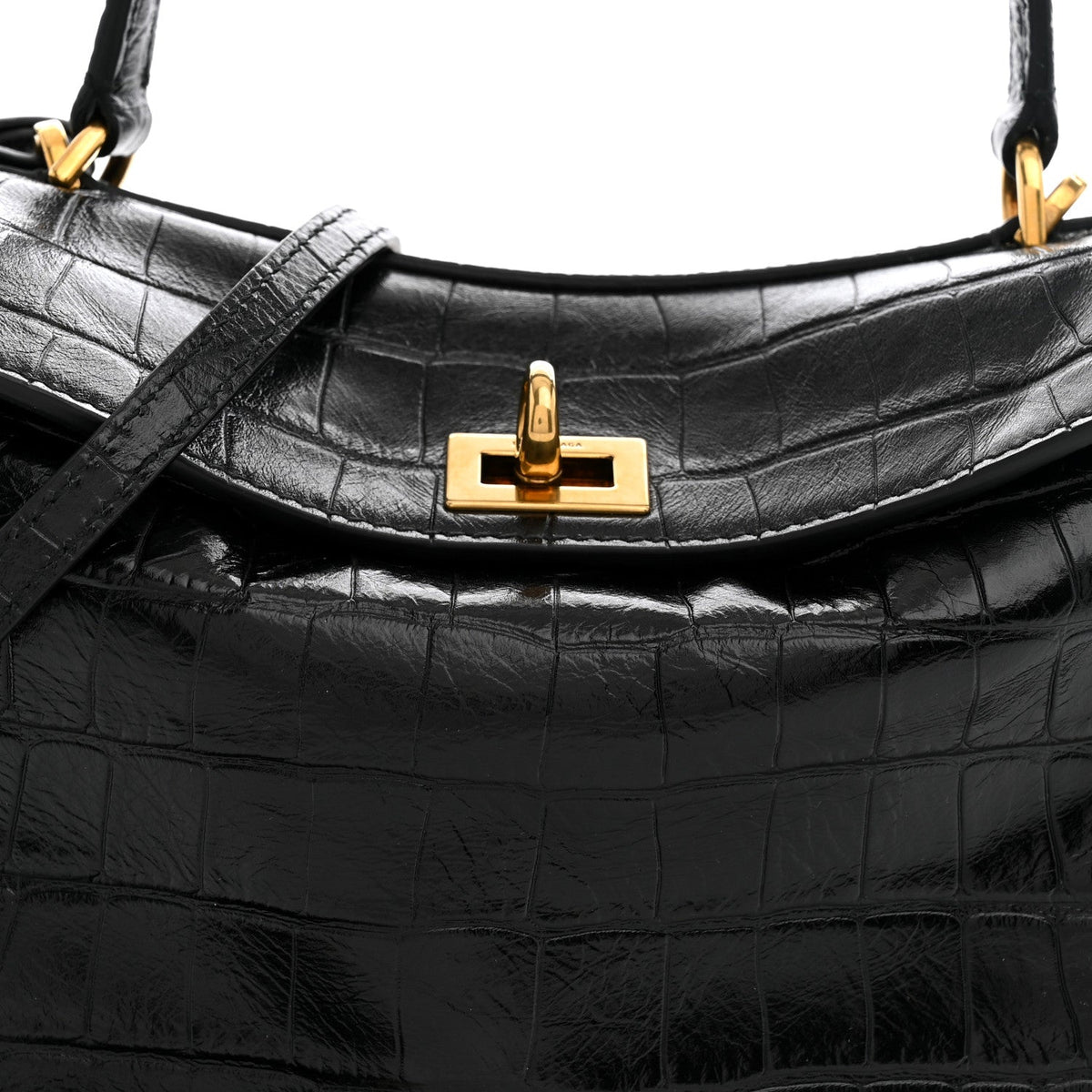 Shiny Calfskin Crocodile Embossed Mini Rodeo Top Handle Handbag Black