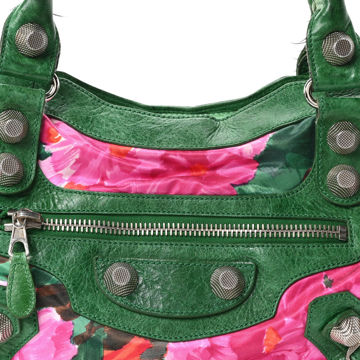 Chevre Satin Giant 21 Silver Hardware City Green Floral