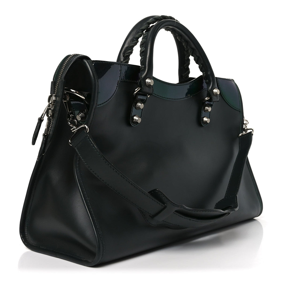 Smooth Calfskin Metallic Patent Giant 12 Silver Hardware City Vert Poker Fonce