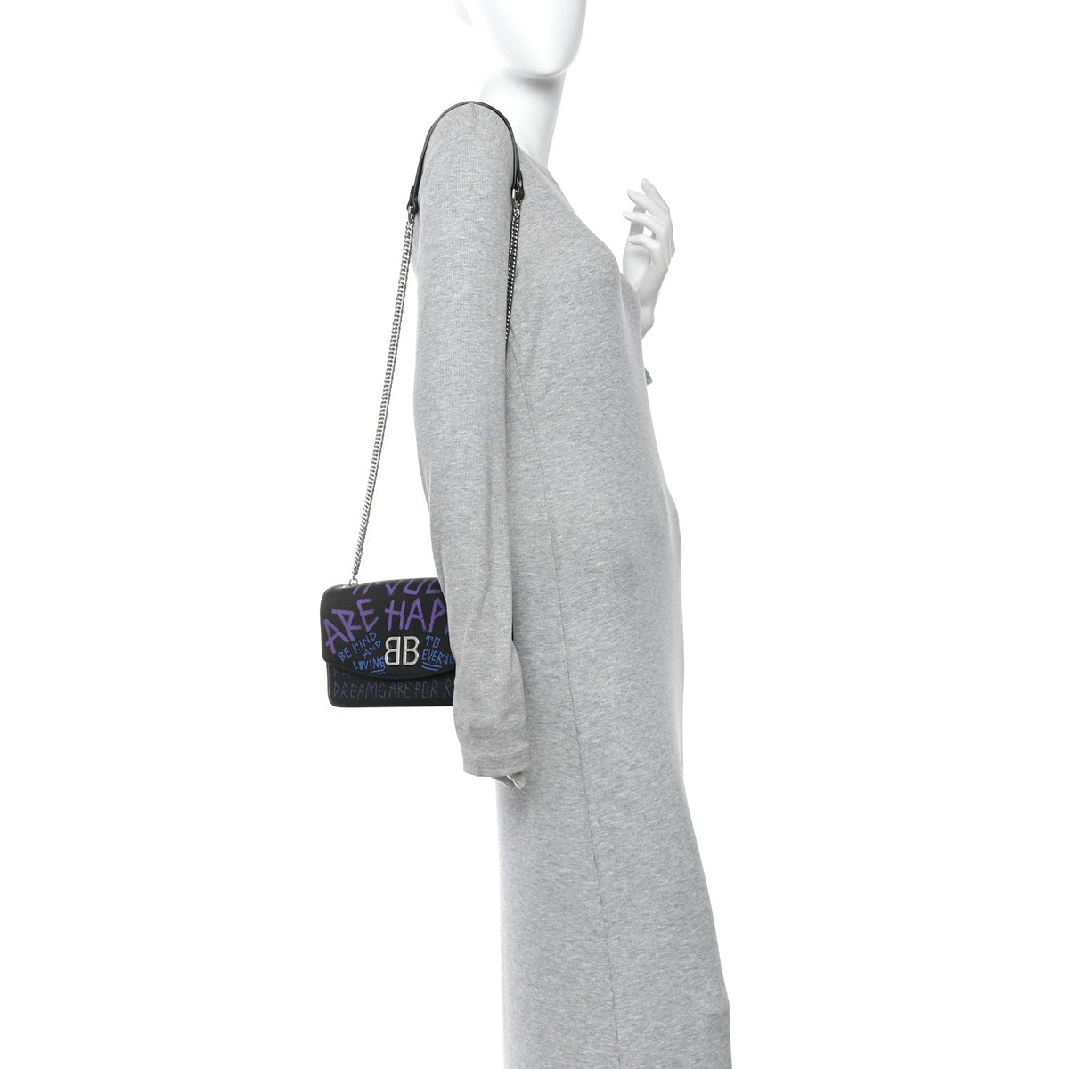 Grained Calfskin Graffiti BB Chain Wallet Black Bleu Violet