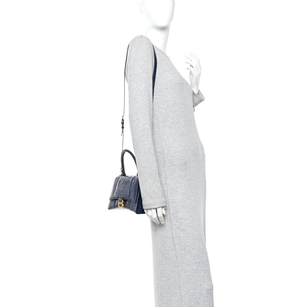 Shiny Calfskin Crocodile Embossed Small Hourglass Top Handle Bag Navy