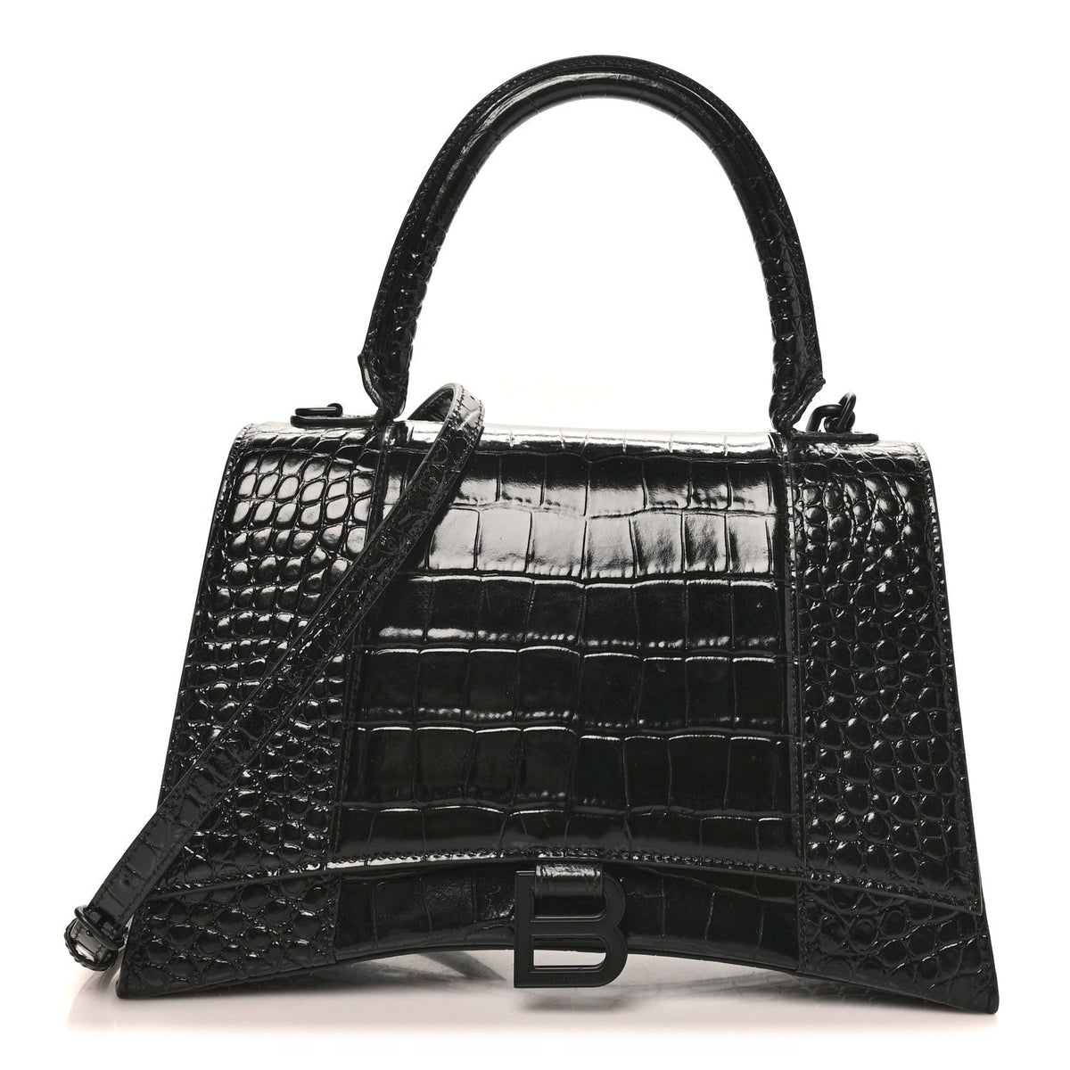 Shiny Calfskin Monochrome Crocodile Embossed Medium Hourglass Top Handle Bag Black