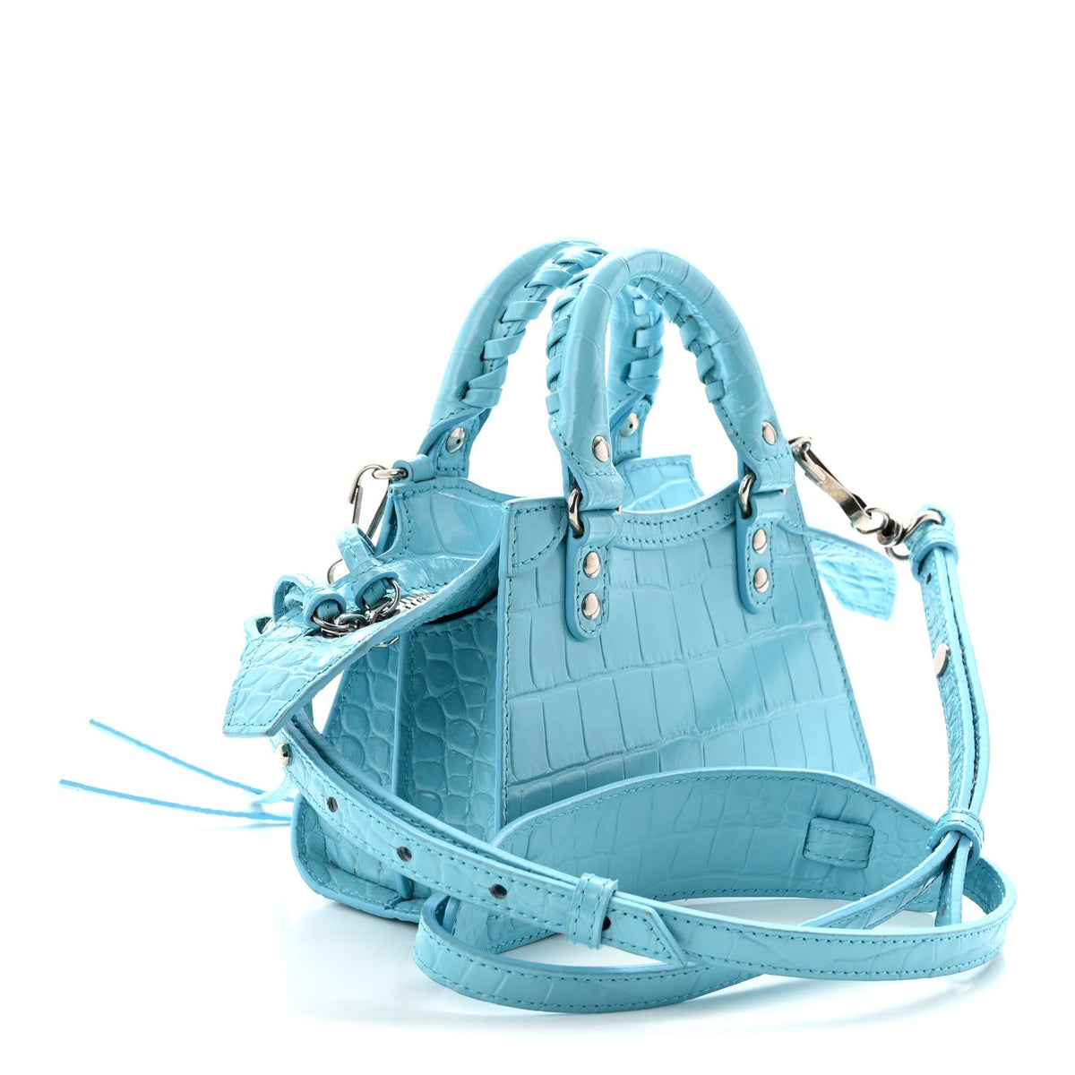 Calfskin Crocodile Embossed Neo Classic Silver Hardware Nano City Crossbody Azur