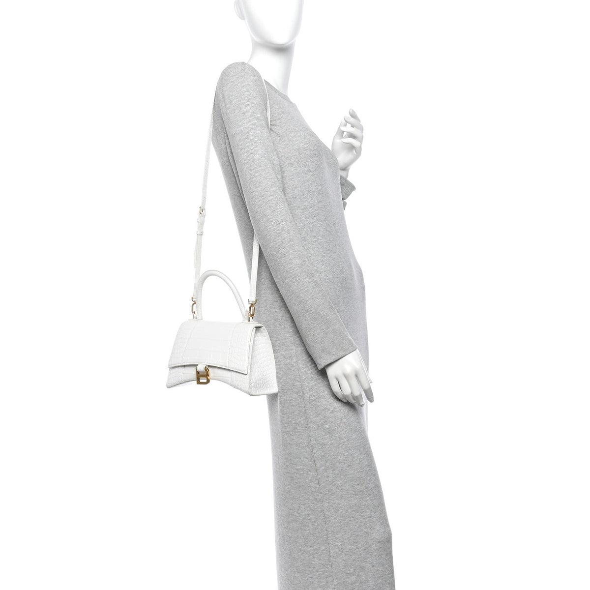 Calfskin Crocodile Embossed Small Hourglass Top Handle Bag White