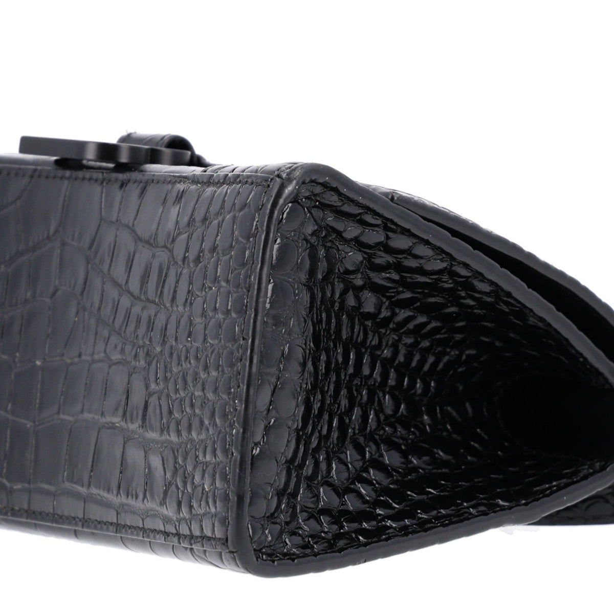 Shiny Calfskin Monochrome Crocodile Embossed Small Hourglass Top Handle Bag Black