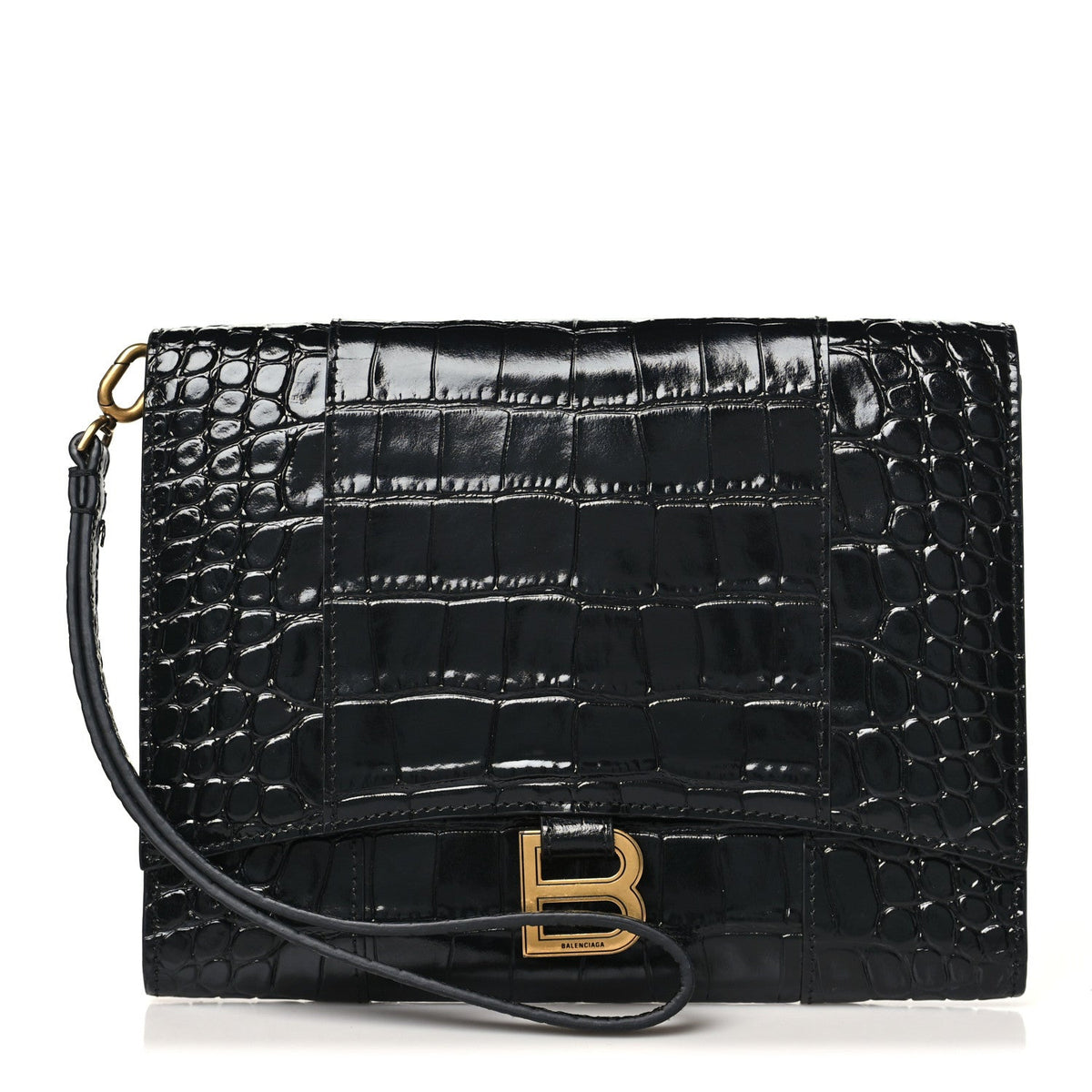 Shiny Calfskin Crocodile Embossed Hourglass Gusset Pouch Black