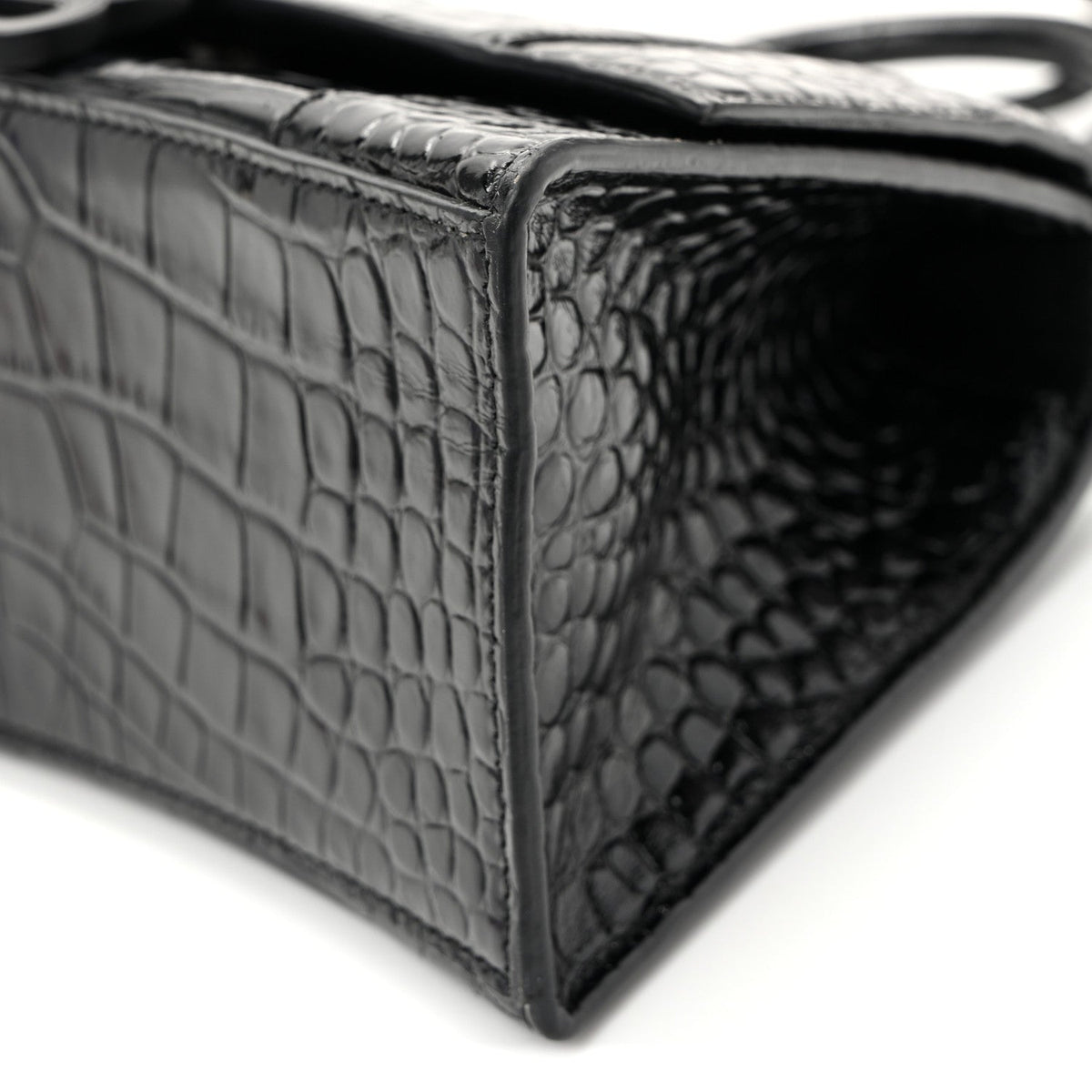 Shiny Calfskin Monochrome Crocodile Embossed Small Hourglass Top Handle Bag Black