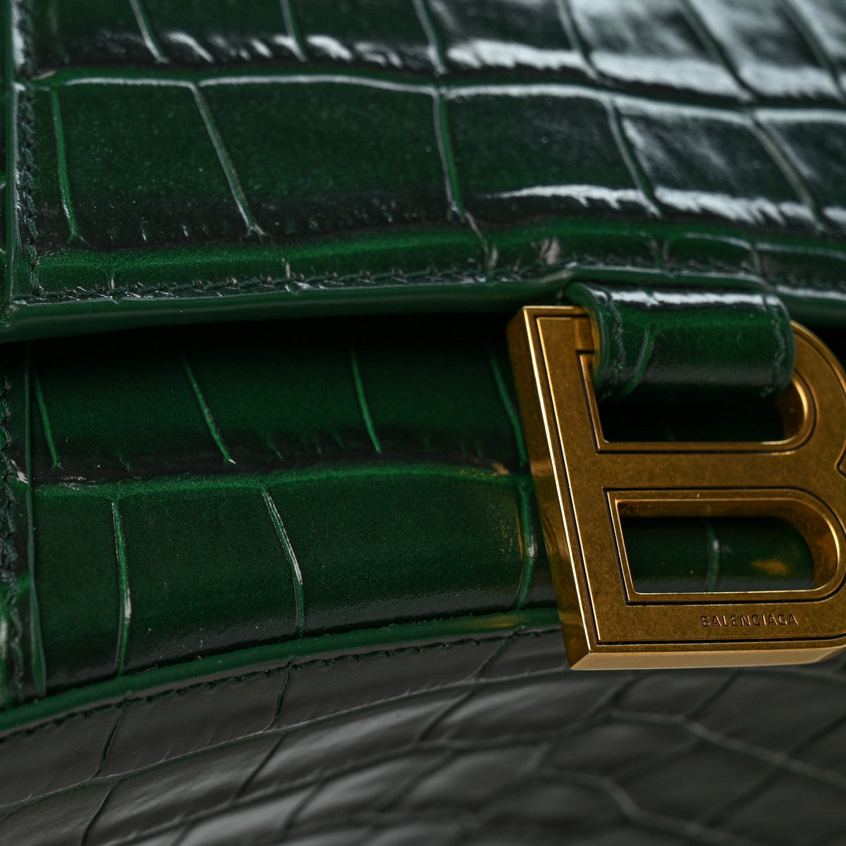Shiny Calfskin Crocodile Embossed Small Hourglass Top Handle Bag Forest Green