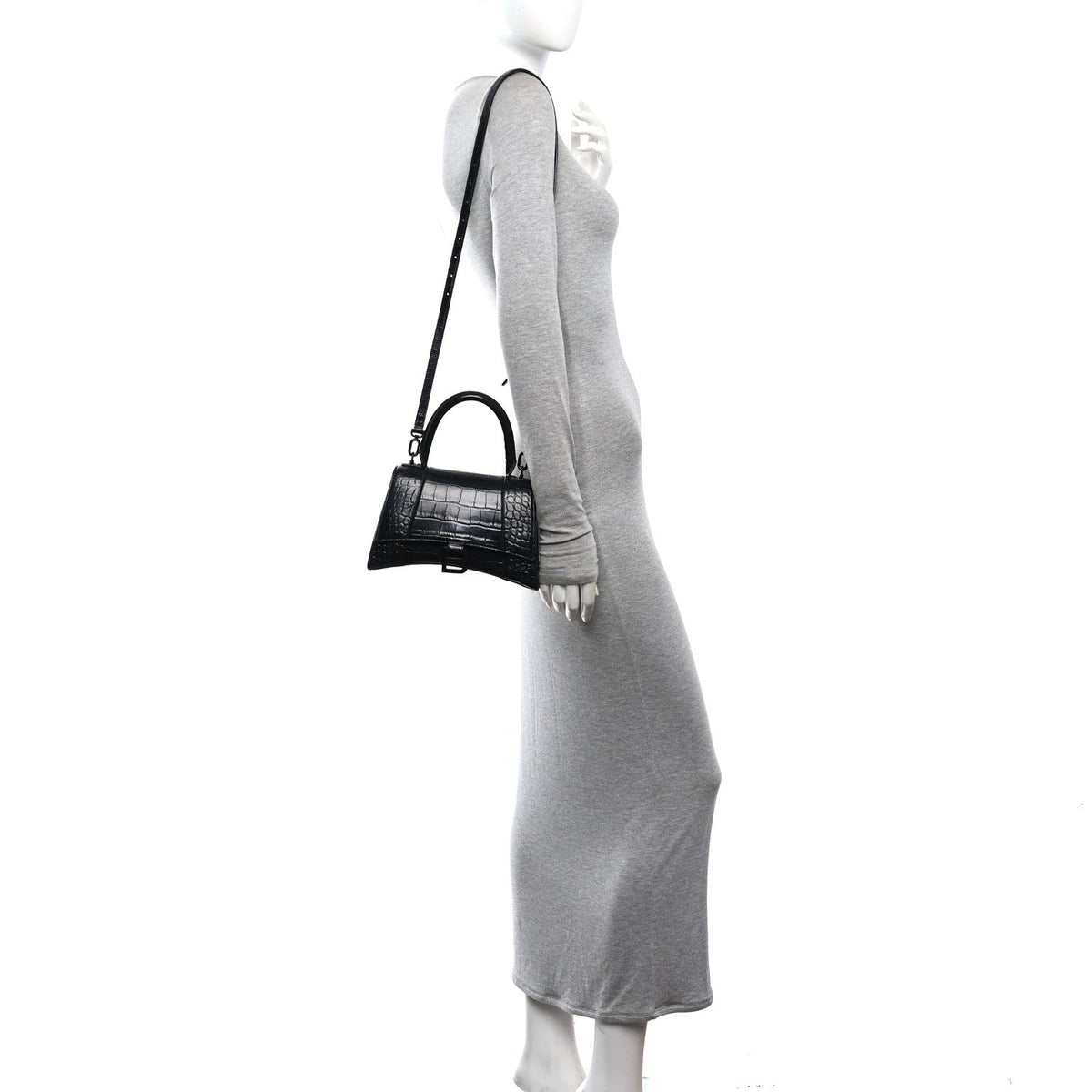 Shiny Calfskin Monochrome Crocodile Embossed Small Hourglass Top Handle Bag Black
