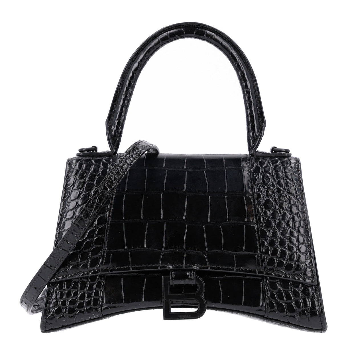 Shiny Calfskin Monochrome Crocodile Embossed Small Hourglass Top Handle Bag Black