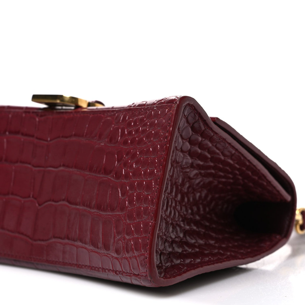 Shiny Calfskin Crocodile Embossed Small Hourglass Top Handle Bag Dark Red