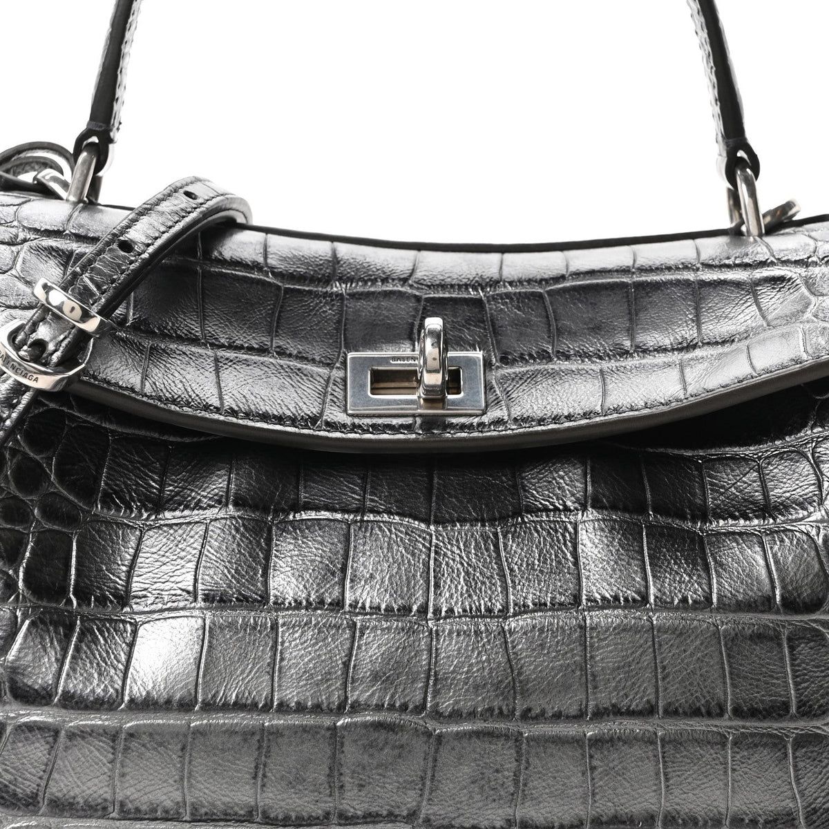 Metallized Calfskin Crocodile Embossed Mini Rodeo Top Handle Handbag Gunmetal