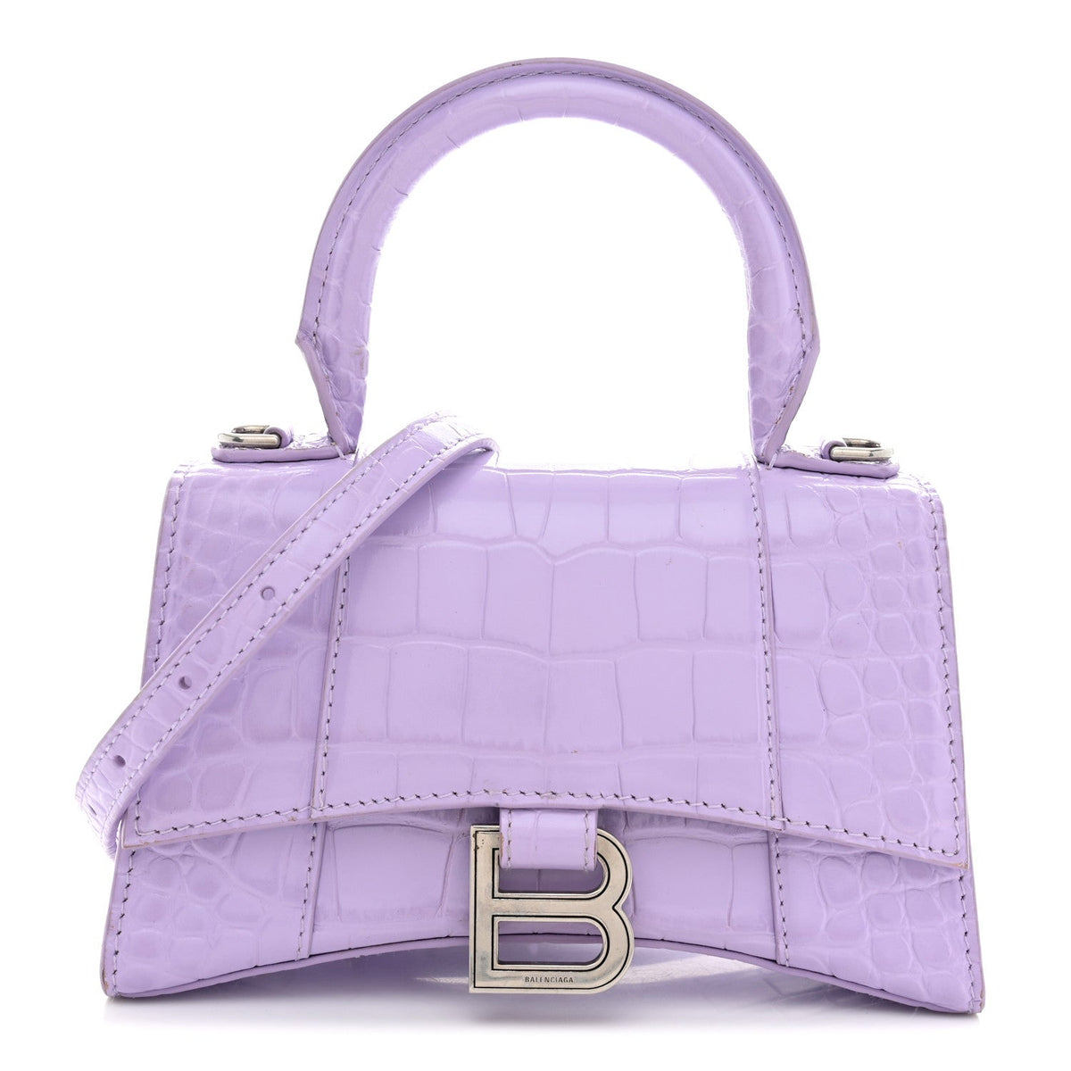 Shiny Calfskin Crocodile Embossed Hourglass Top Handle Bag XS Lilac