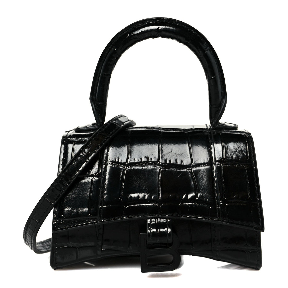 Shiny Calfskin Monochrome Crocodile Embossed Hourglass Top Handle Bag Mini Black