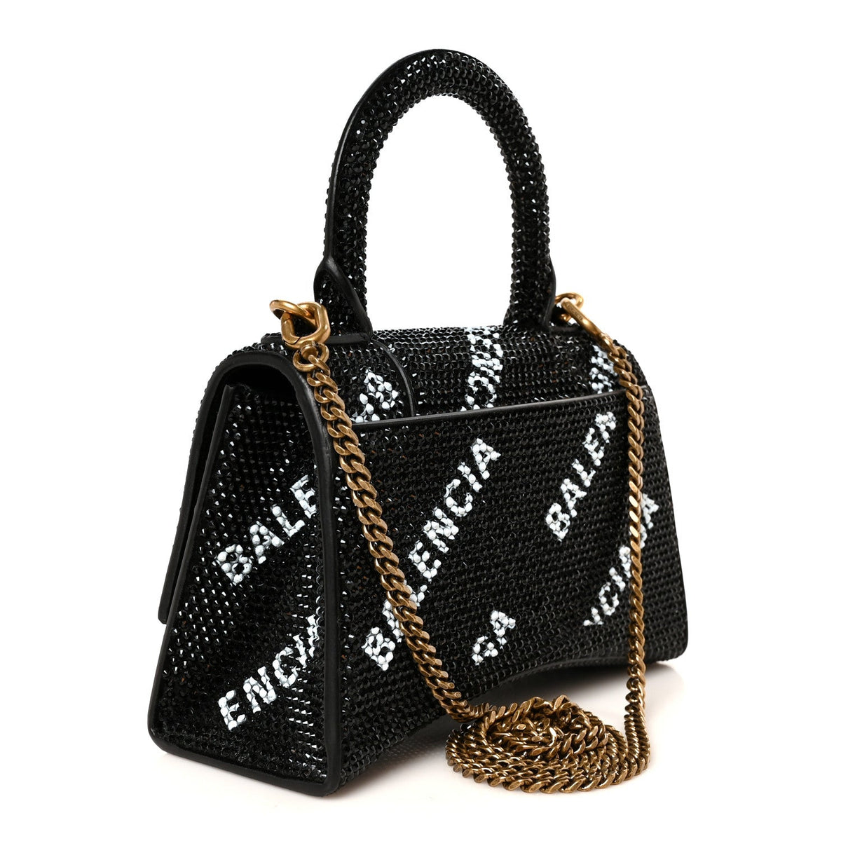 Strass Suede Allover Logo Hourglass Top Handle Bag XS with Chain Black White
