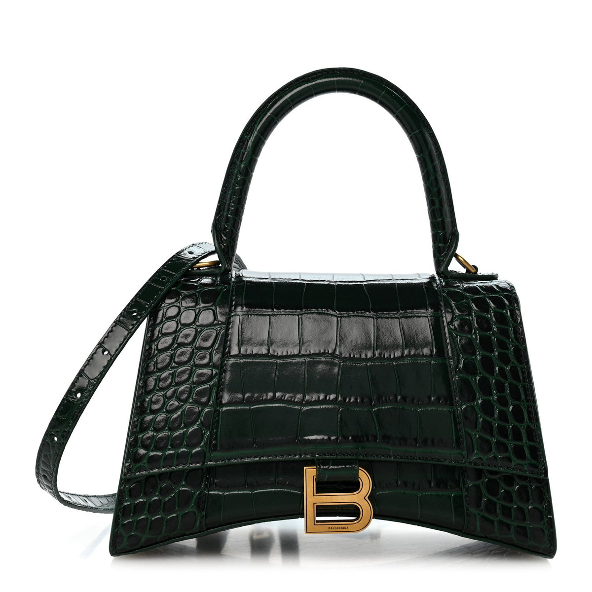 Shiny Calfskin Crocodile Embossed Small Hourglass Top Handle Bag Forest Green