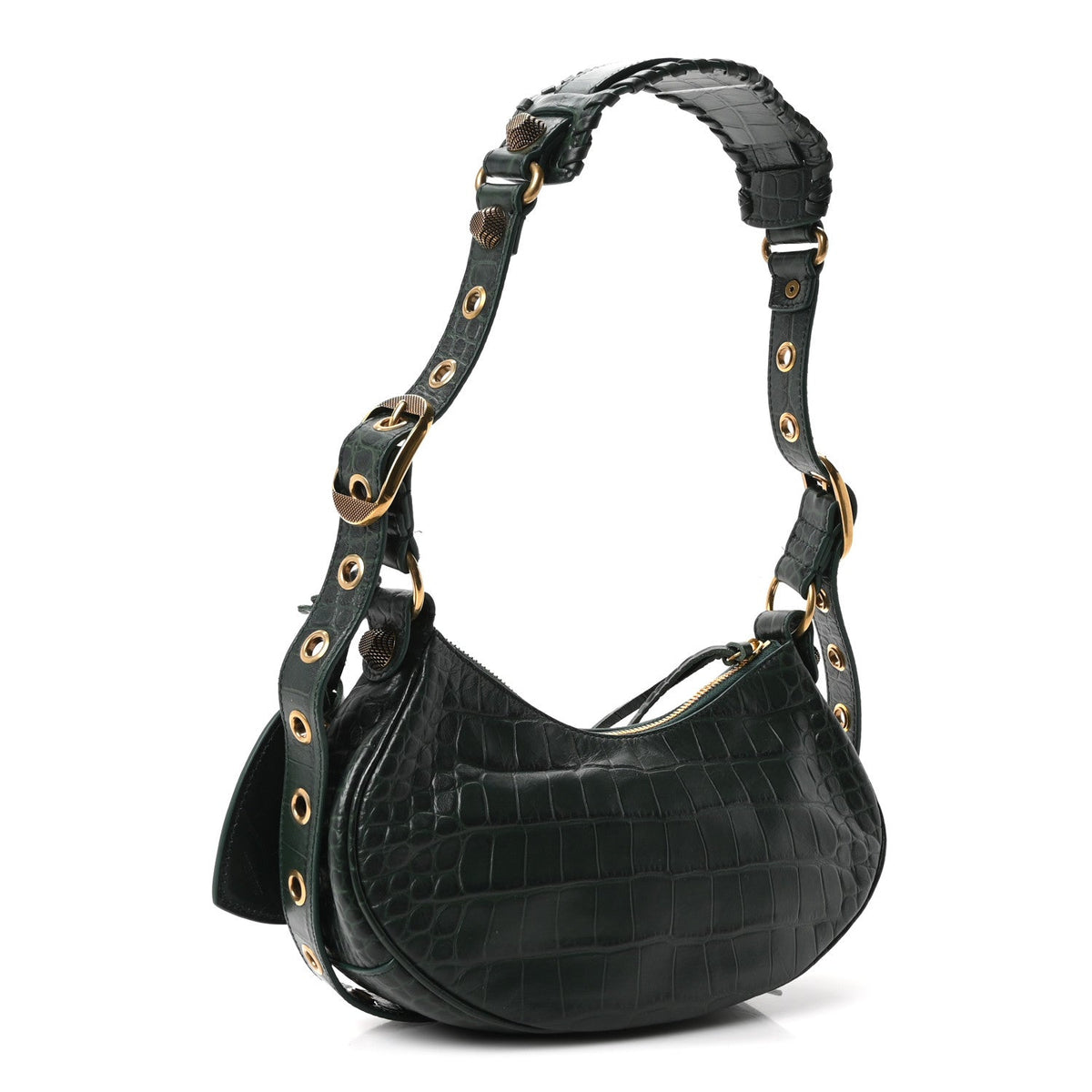 Extra Supple Calfskin Crocodile Embossed Le Cagole Shoulder Bag XS Forest Green