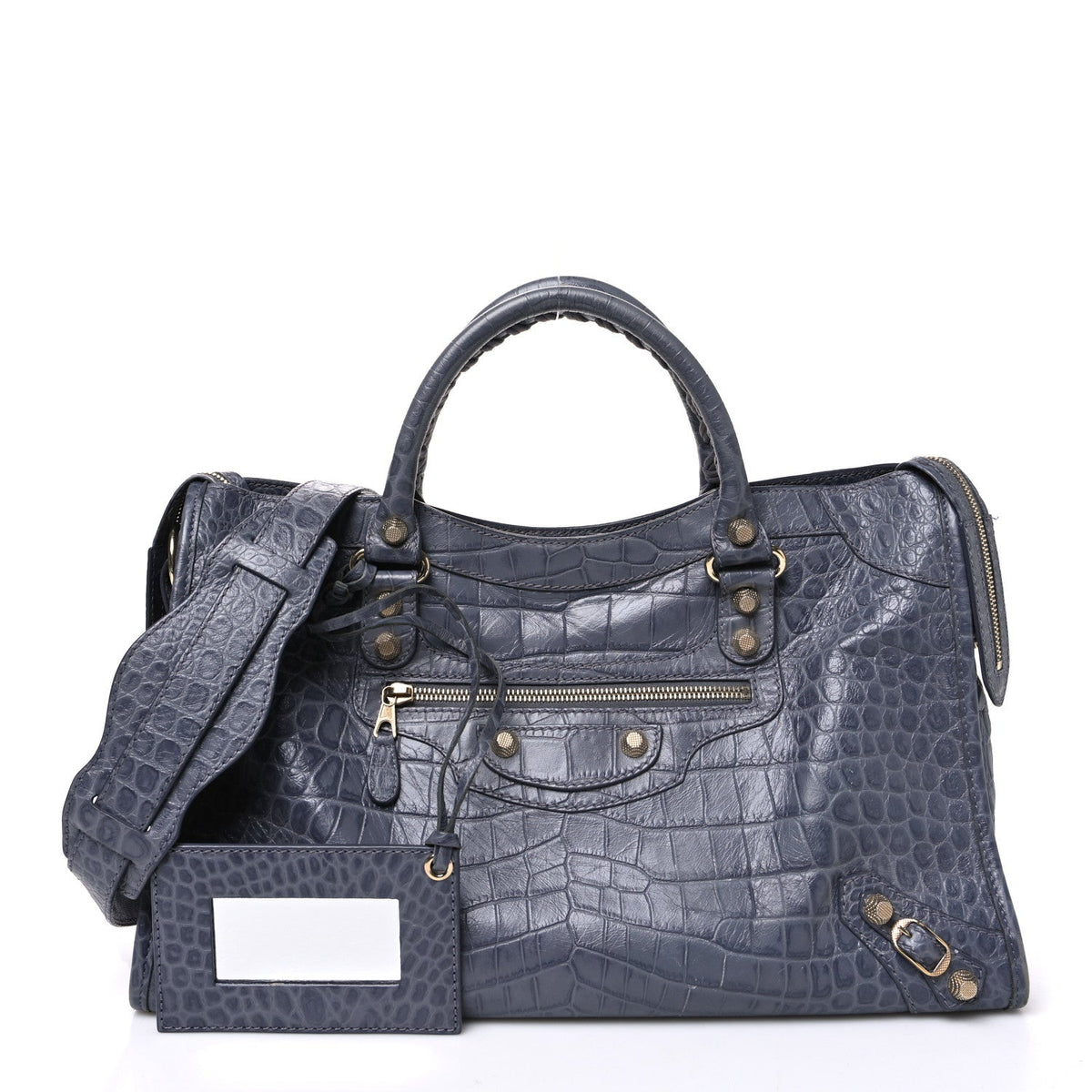 Calfskin Crocodile Embossed Giant 12 Gold Hardware City Gris Beton