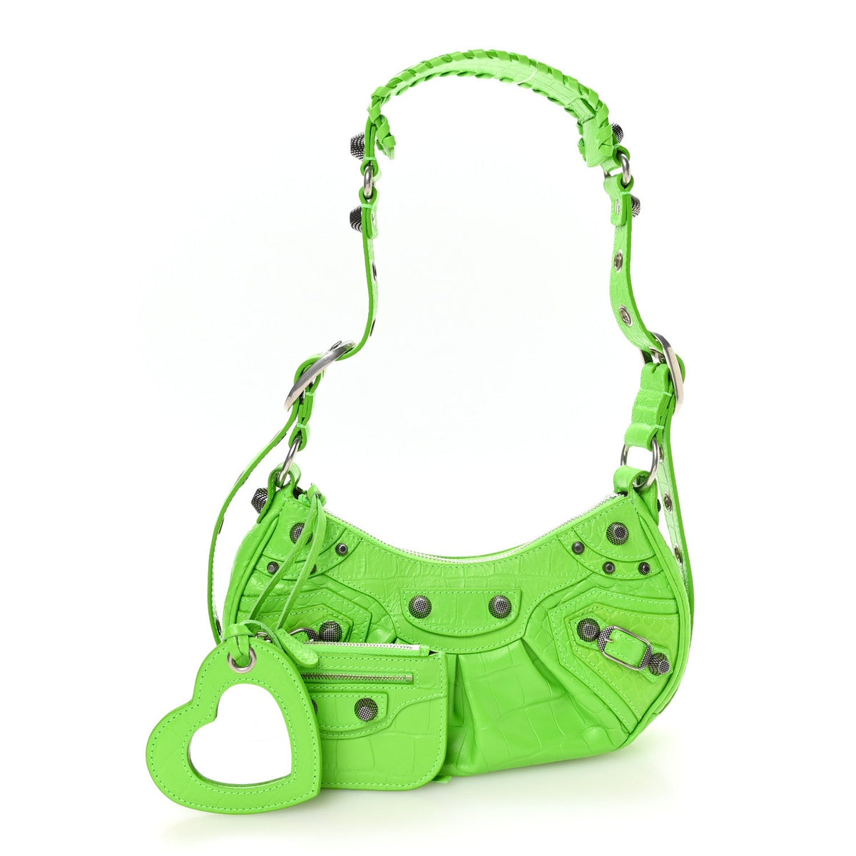 Extra Supple Calfskin Crocodile Embossed Le Cagole Shoulder Bag XS Acid Green