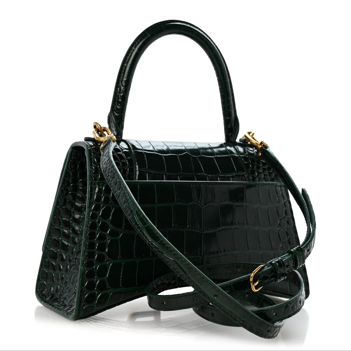 Shiny Calfskin Crocodile Embossed Small Hourglass Top Handle Bag Forest Green