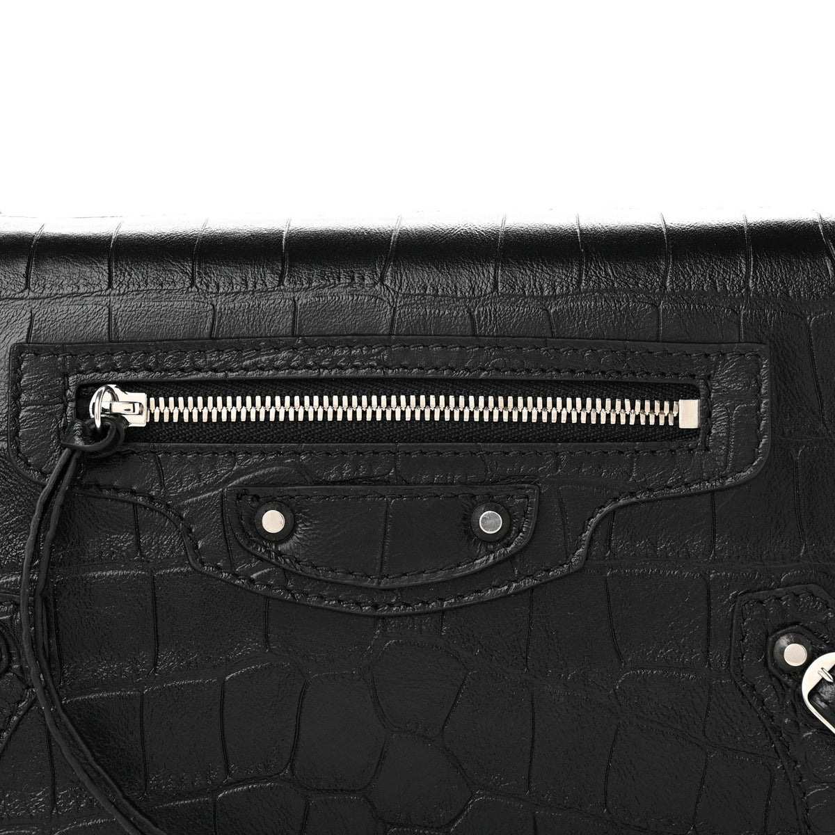 Crocodile Embossed Calfskin Classic Silver Hardware Le City Wallet On Chain Black