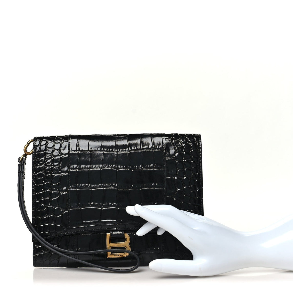 Shiny Calfskin Crocodile Embossed Hourglass Gusset Pouch Black