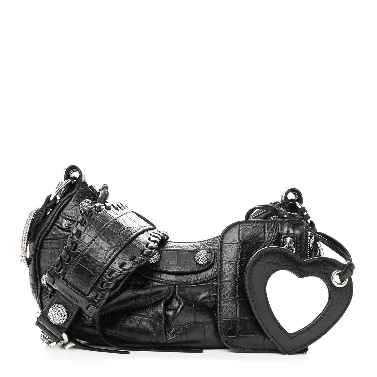 Extra Supple Calfskin Crystal Crocodile Embossed Le Cagole Shoulder Bag XS Black