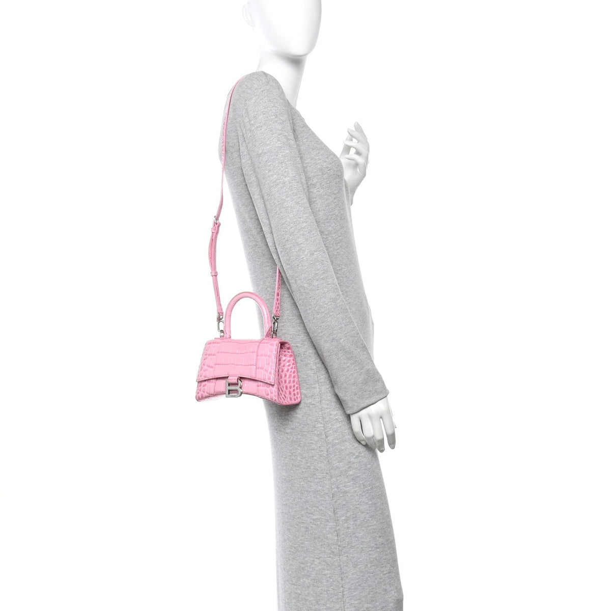 Shiny Calfskin Crocodile Embossed Hourglass Top Handle Bag XS Sweet Pink