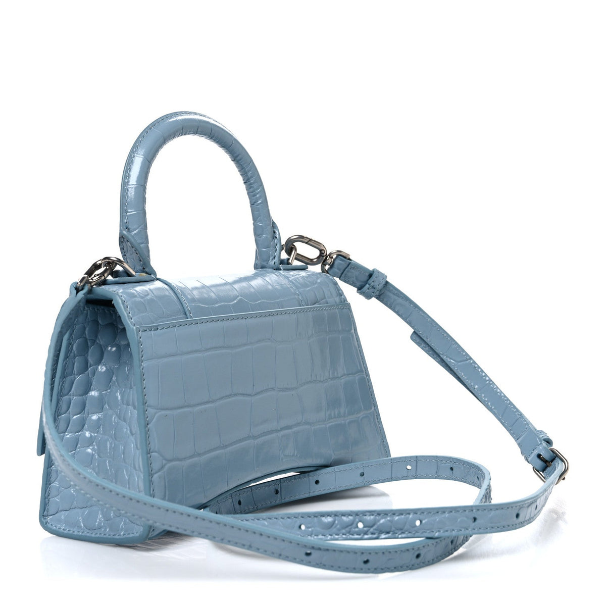 Shiny Calfskin Crocodile Embossed Hourglass Top Handle Bag XS Blue Grey