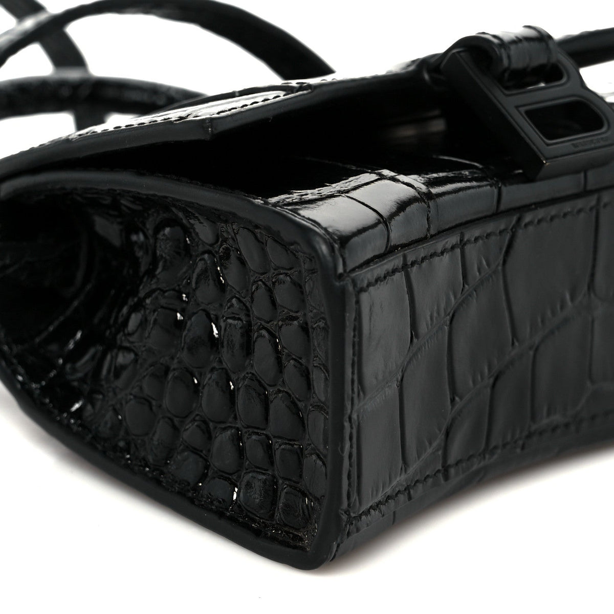 Shiny Calfskin Monochrome Crocodile Embossed Hourglass Top Handle Bag Mini Black