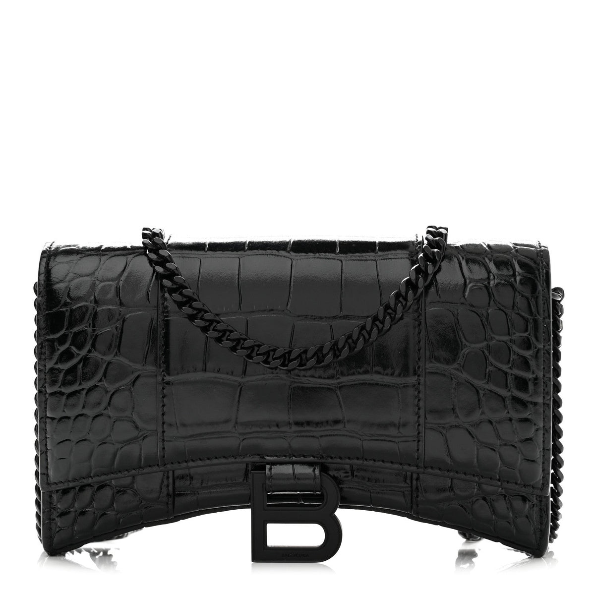 Shiny Calfskin Monochrome Crocodile Embossed Hourglass Chain Bag Black