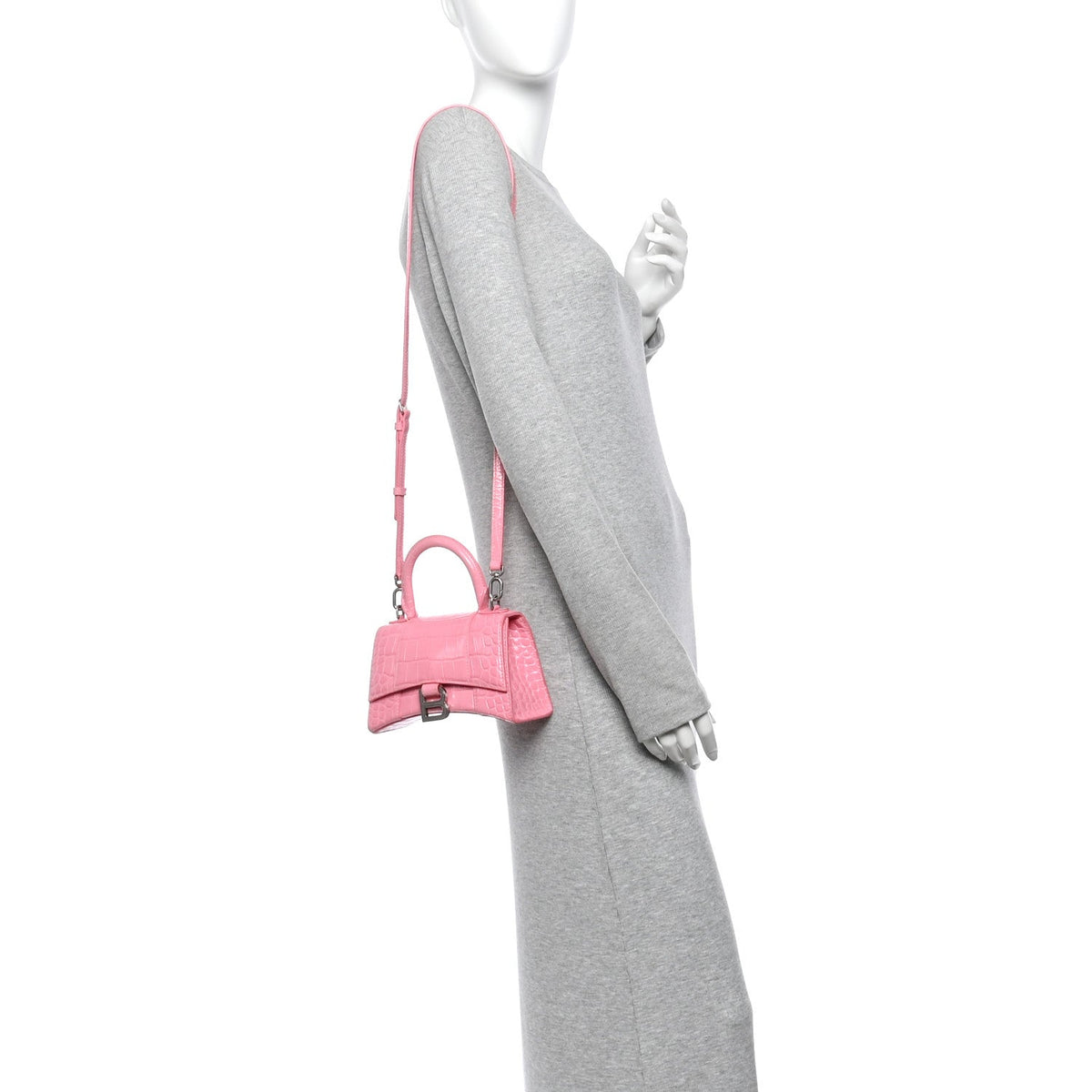 Shiny Calfskin Crocodile Embossed Hourglass Top Handle Bag XS Sweet Pink