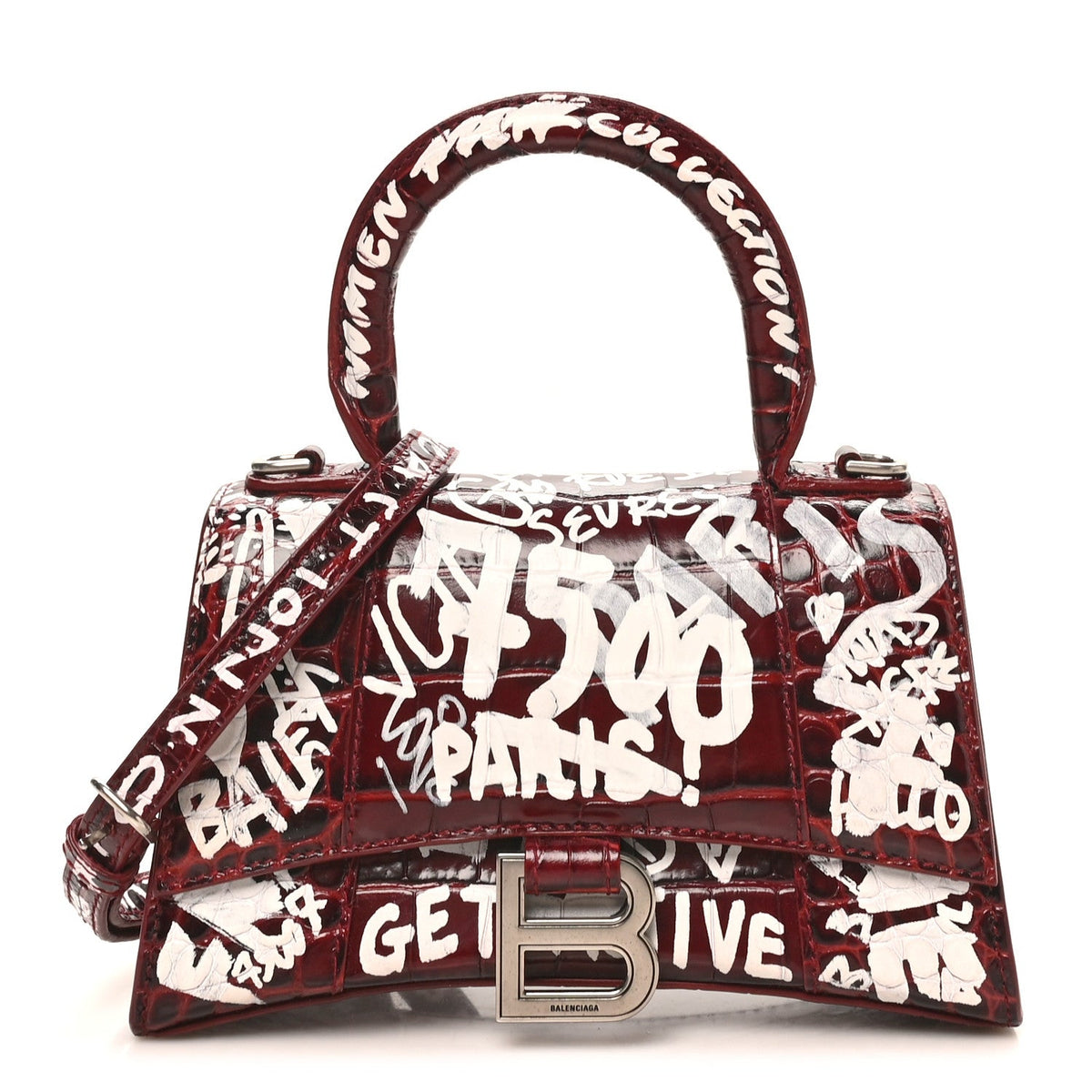 Crocodile Embossed Calfskin Graffiti Hourglass Top Handle Bag XS Dark Red White