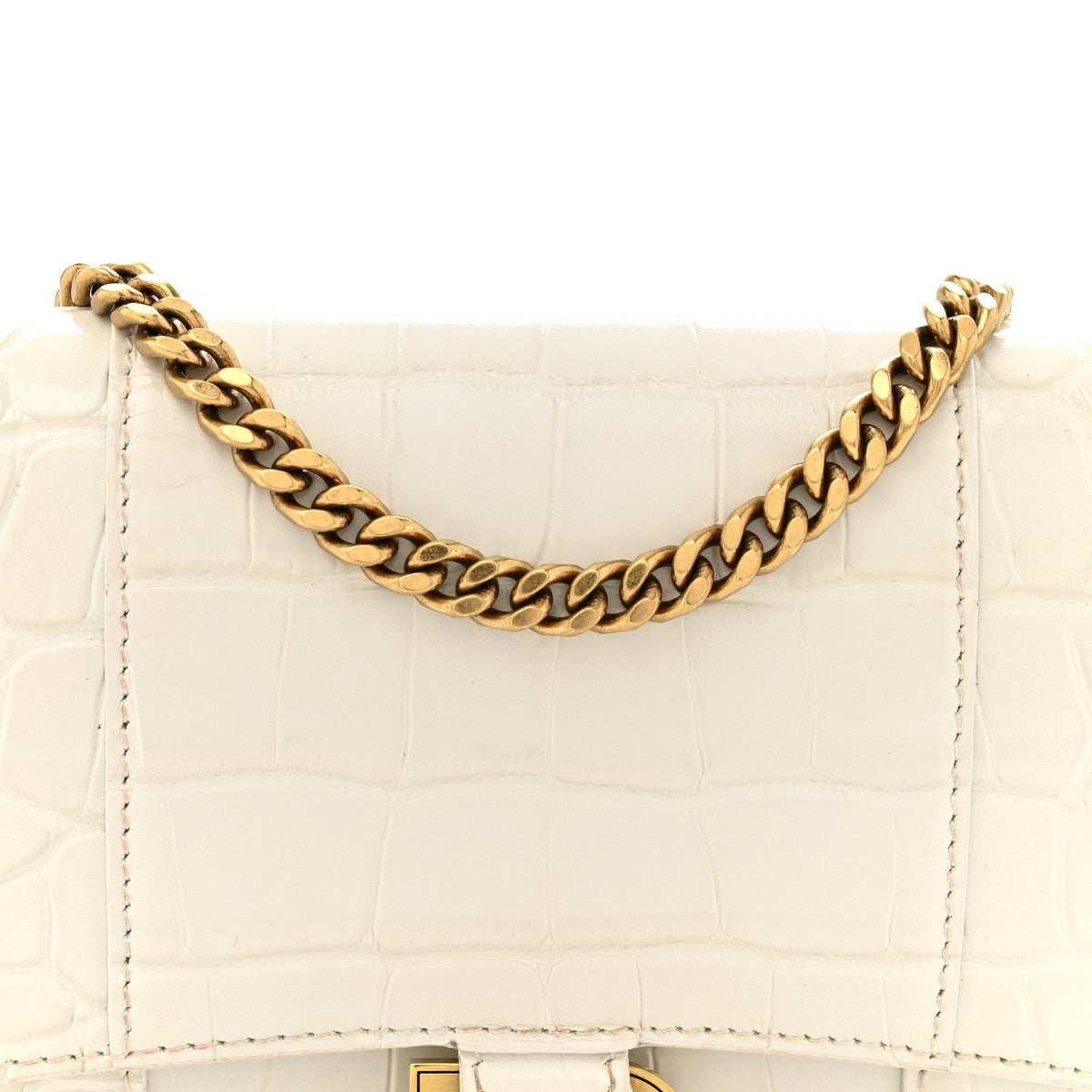 Shiny Calfskin Crocodile Embossed Hourglass Chain Bag White