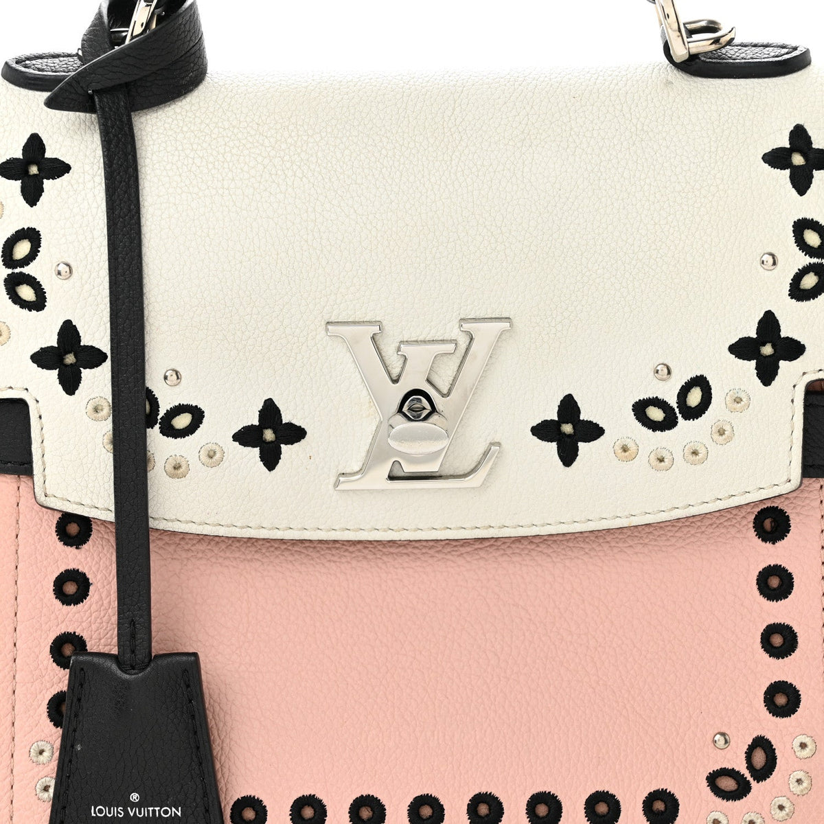 Soft Calfskin Embroidered Lockme Ever BB Rose Pink Snow White Black
