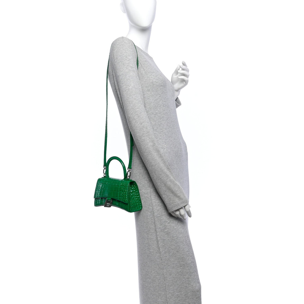 Shiny Calfskin Crocodile Embossed Hourglass Top Handle Bag XS Jade